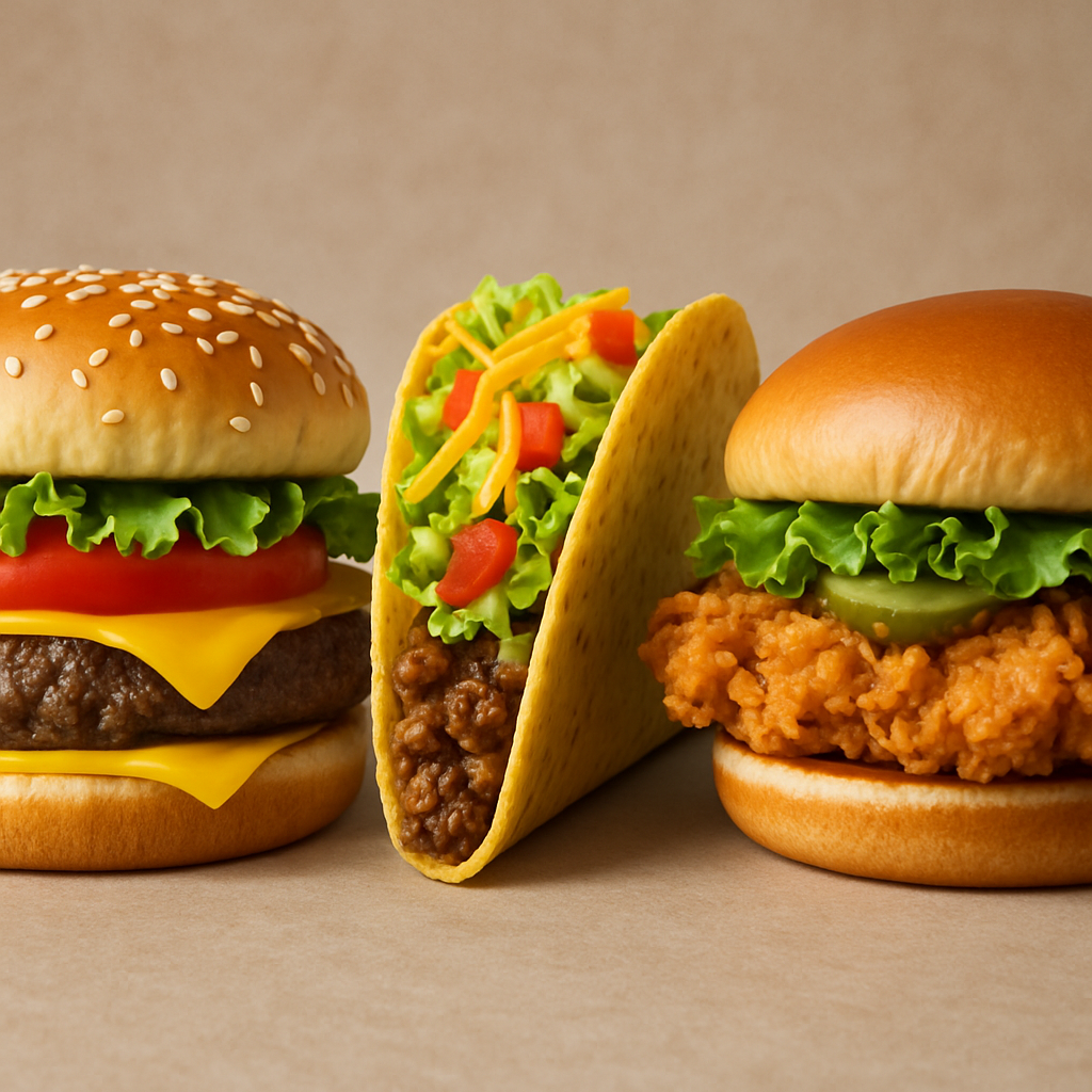 A cheeseburger, taco and chicken sandwich.